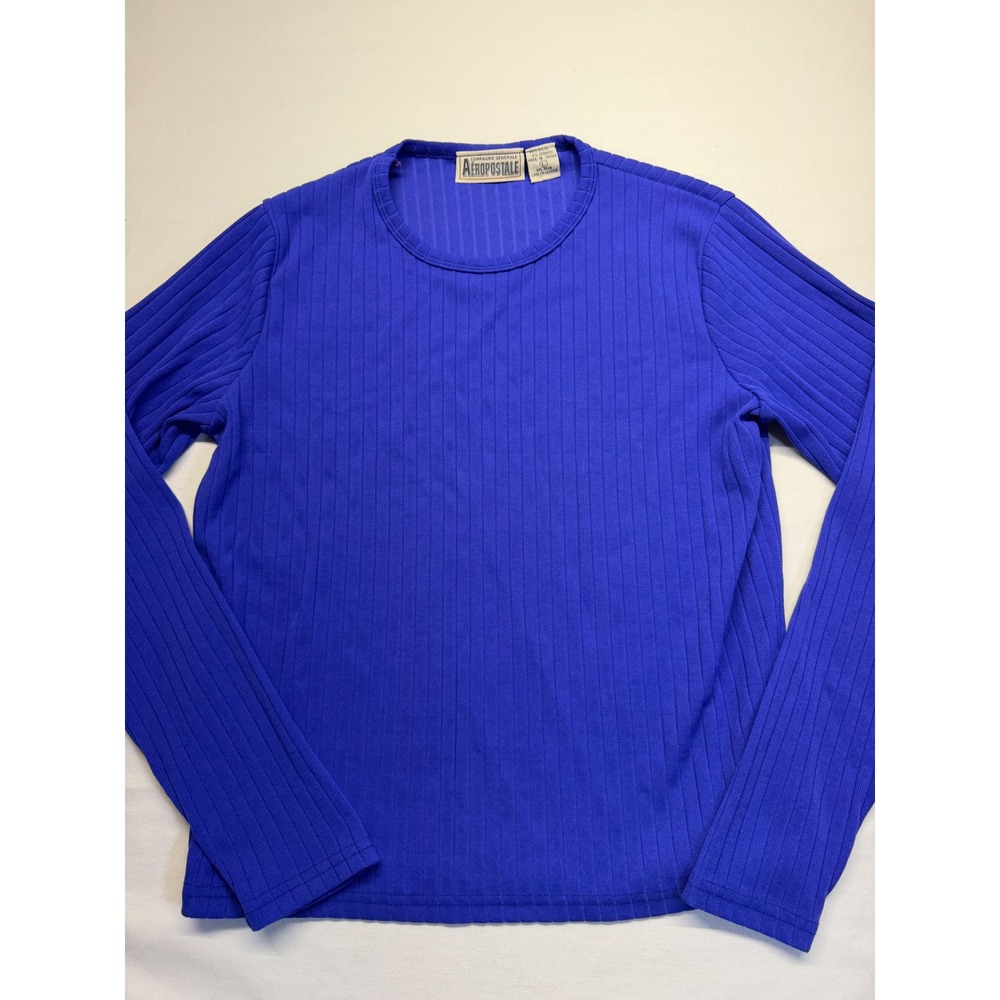 Vintage Aeropostale Ribbed Top L Blue Long Sleeve Stretch 90s Y2K Fitted